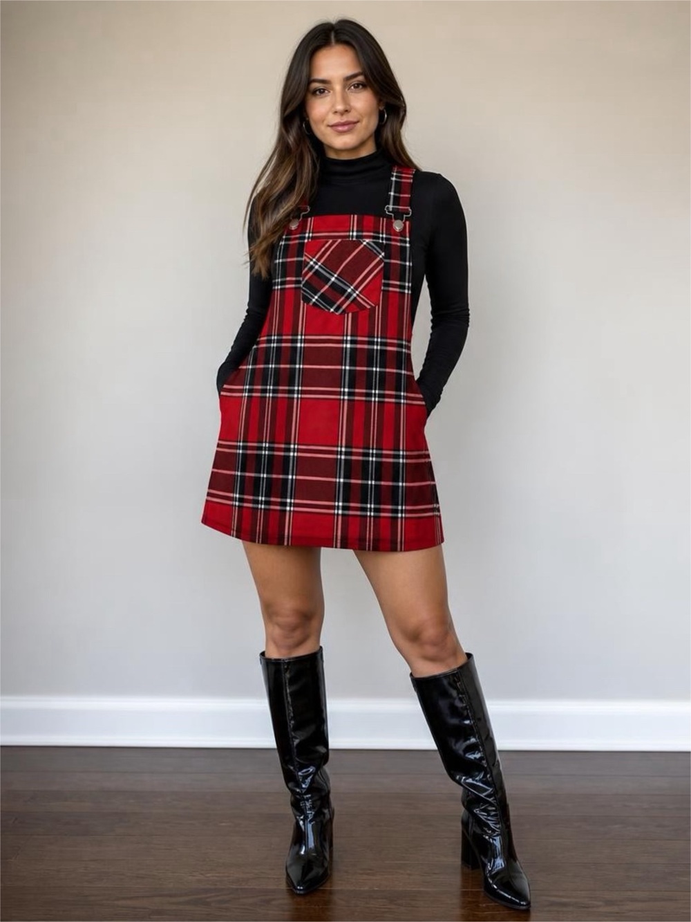 Plaid Pinafore Mini Dress - Red overalls
